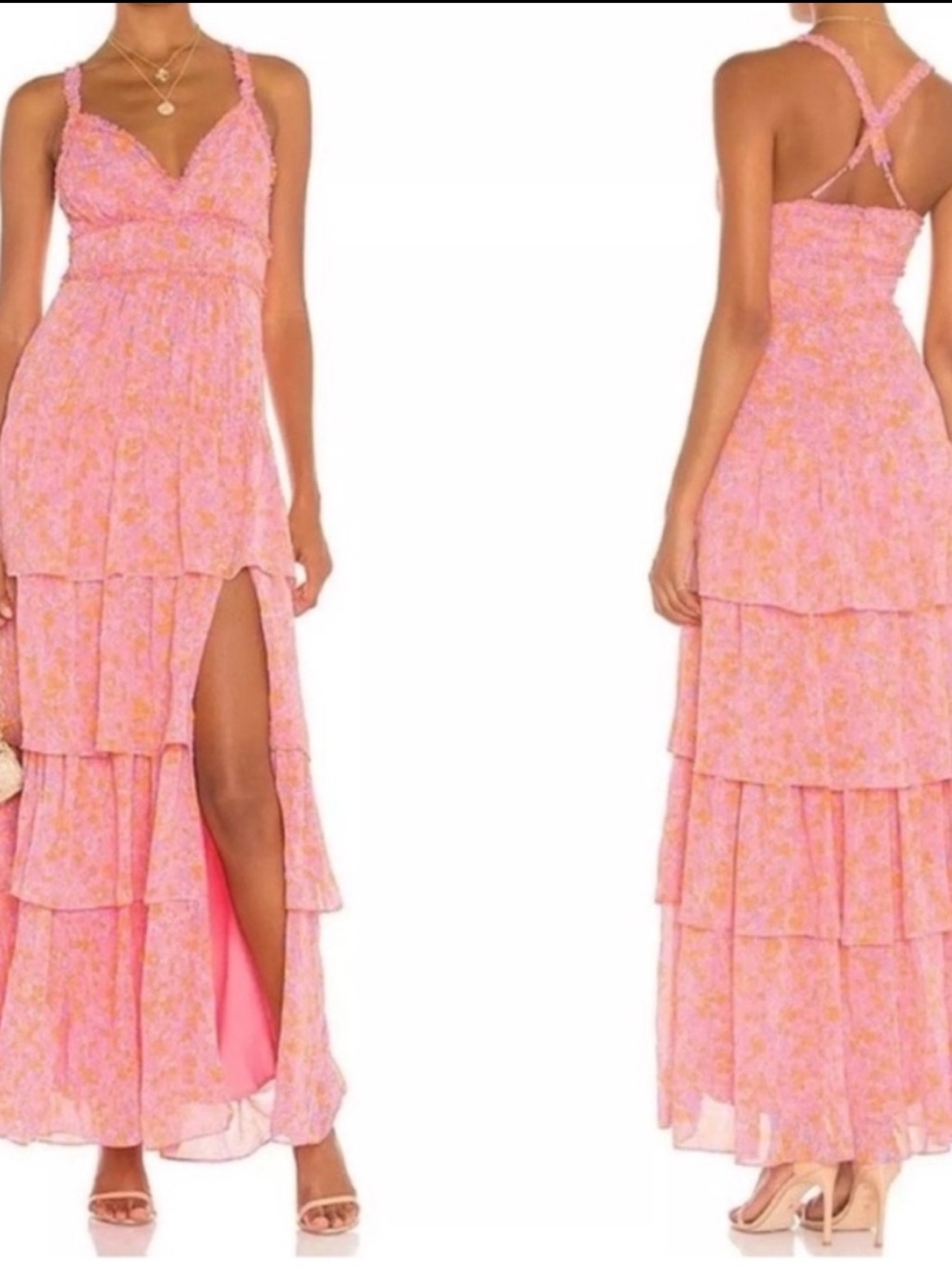 Likely Pink Floral Tiered Maxi Skirt with Front Slit